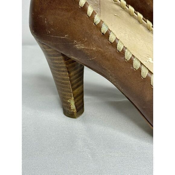 Franco‎ Sarto Light Brown Leather Slip On Peep Toe Flat Bow Flicker Heels US 6.5 - Picture 2 of 11